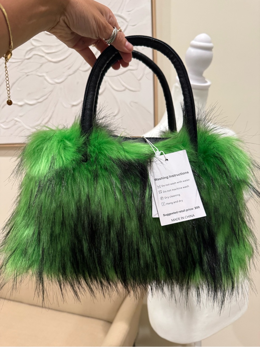Fugly Green Faux Fur Handbag with Black Handles